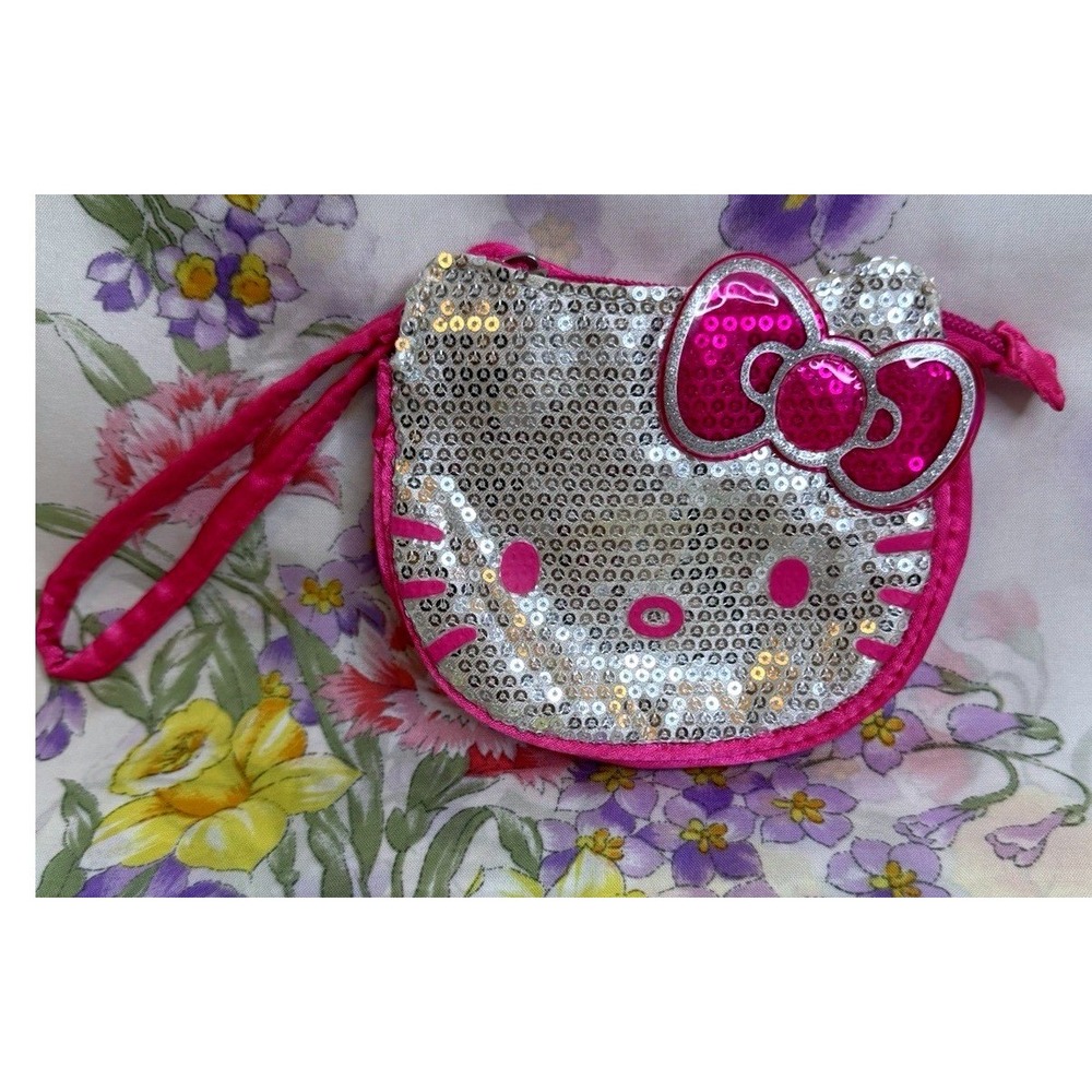 Sanrio Hello Kitty Mini Wristlet Coin Purse Silver Sequin Pink Bow 4.5x5"